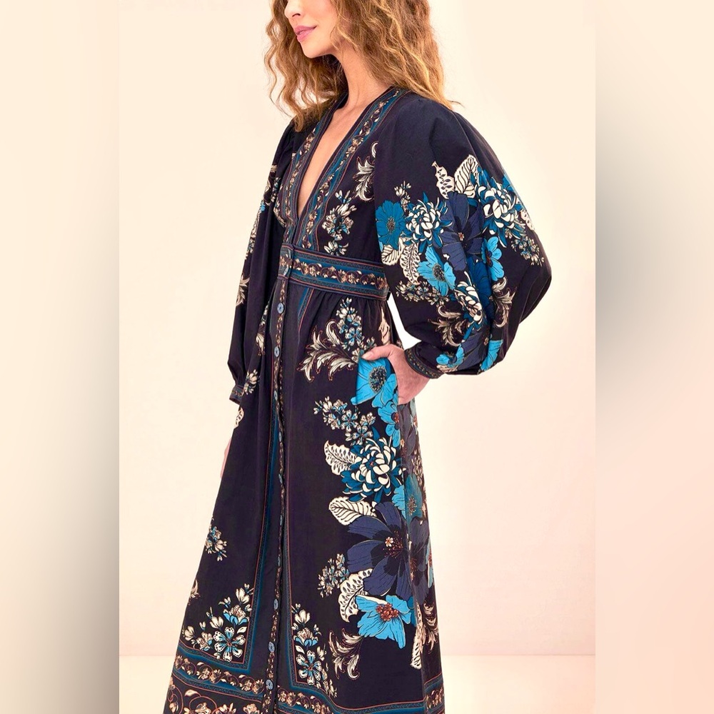 Farm Rio NEW Blossom Tapestry Black Midi Dress - Picture 15 of 15